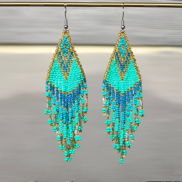 BRIE TRIBAL EARRINGS RICE BEADS DANGLE BOHEMIAN ETHNIC GREEN BLUE HANDMADE - Picture 3 of 3